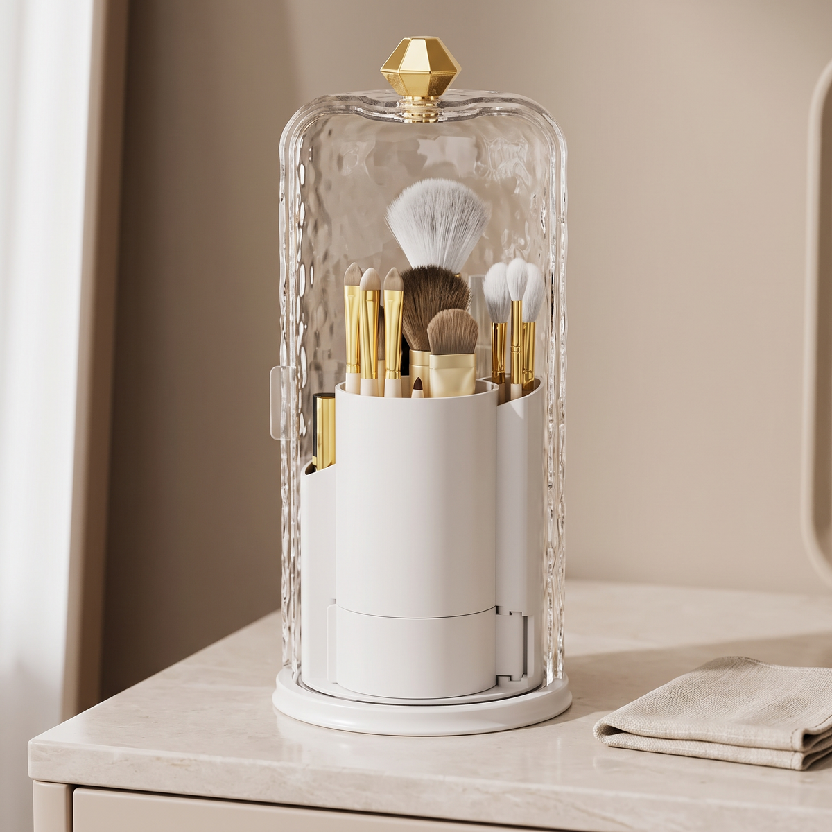 Covered organizers styled on a vanity; brushes not included