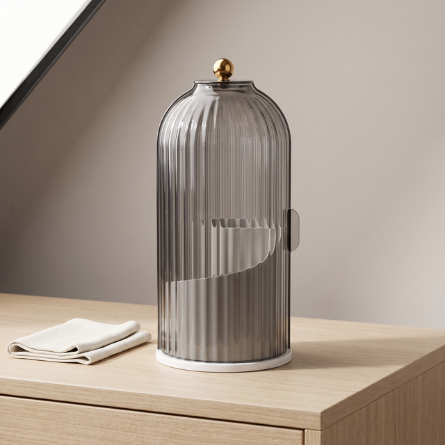 Smoke Grey — Ribbed organizer styled on a vanity